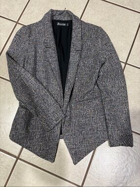 Zara Textured Gray Tweed Open-Front Blazer